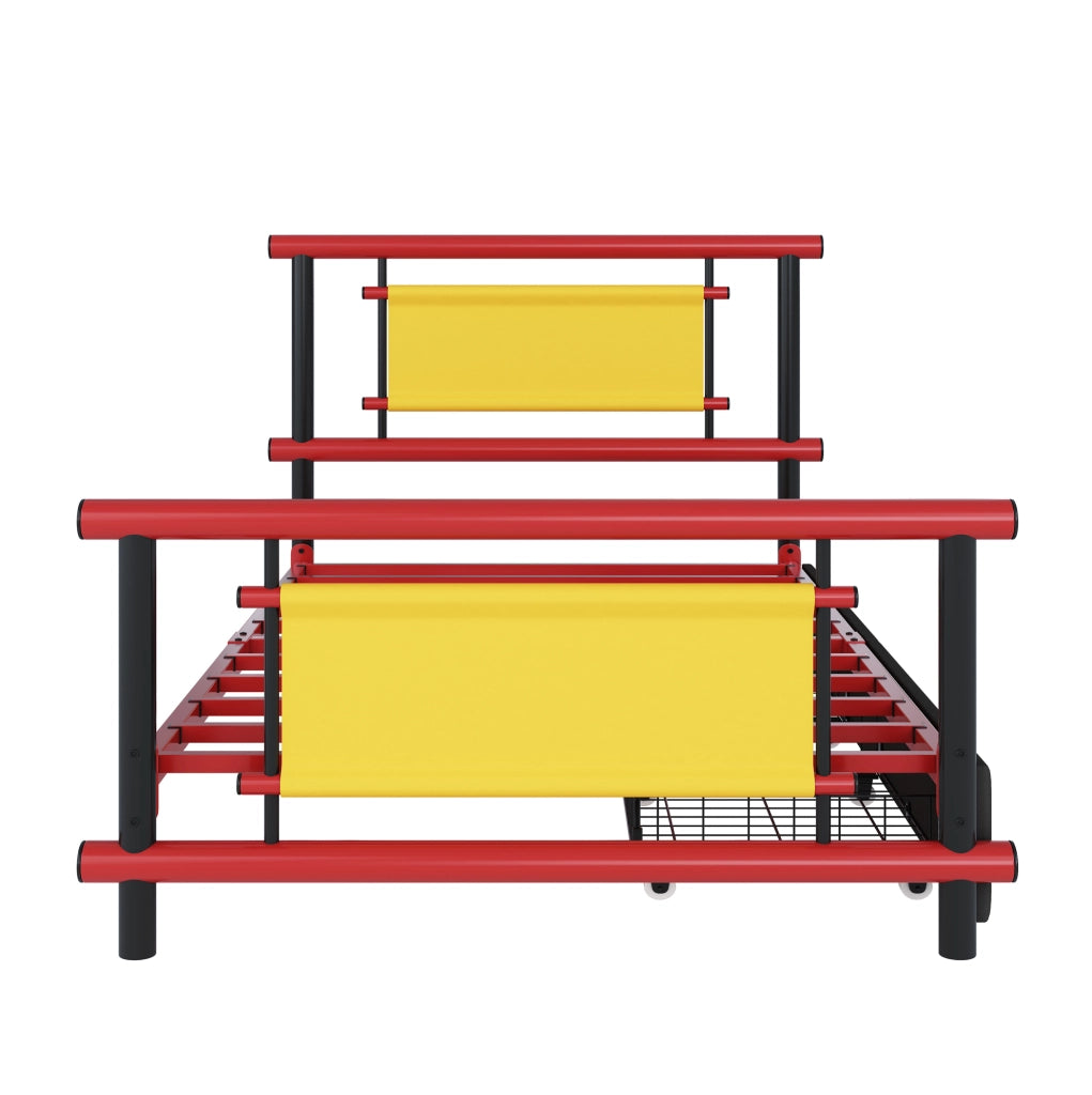 Letto singolo per bambini 90x200 cm in metallo rosso con cassetti integrati