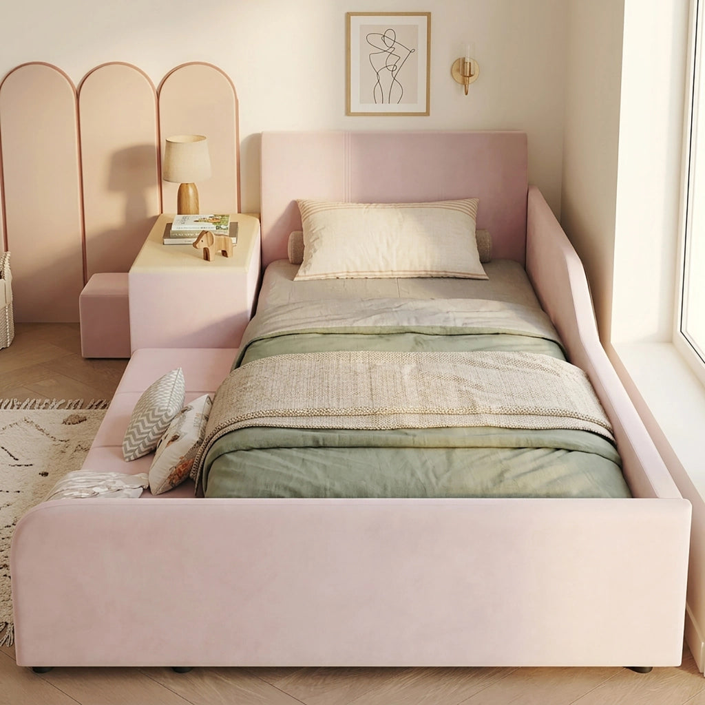 Letto per Bambini 90x200 cm - Scrivania; Sgabello e Ripiano - in Velluto - Rosa