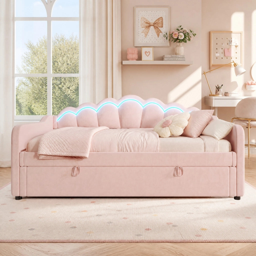 Letto singolo imbottito 90 ¡Á 200 cm con contenitore idraulico in velluto rosa e LED con telecomando