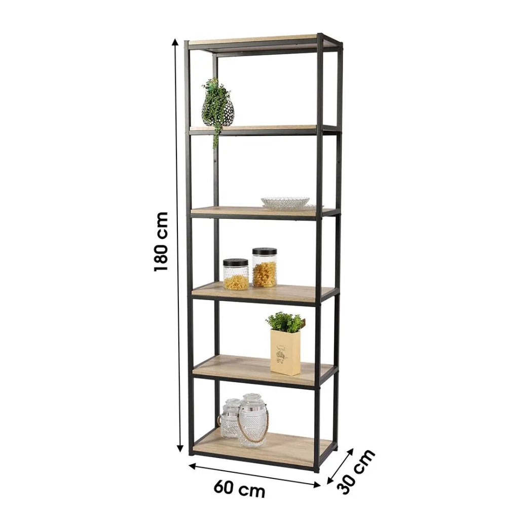 Libreria a 6 livelli collezione RANONG – Stile industriale, colore rovere e nero