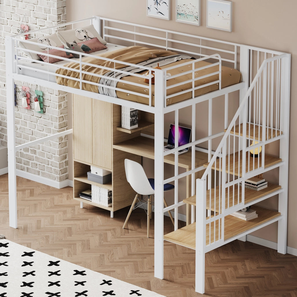 OKWISH Letto a Soppalco 140×200 cm, Letto Matrimoniale con Scala, Ampio Spazio Contenitore, senza Materasso, in Metallo e Legno, Bianco