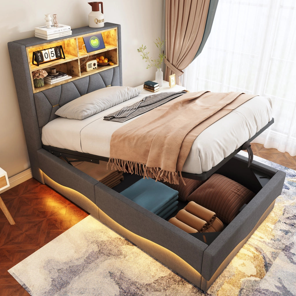 LETTO Multifunzione 90x200 cm Grigio in ferro con LED, USB e vano contenitore