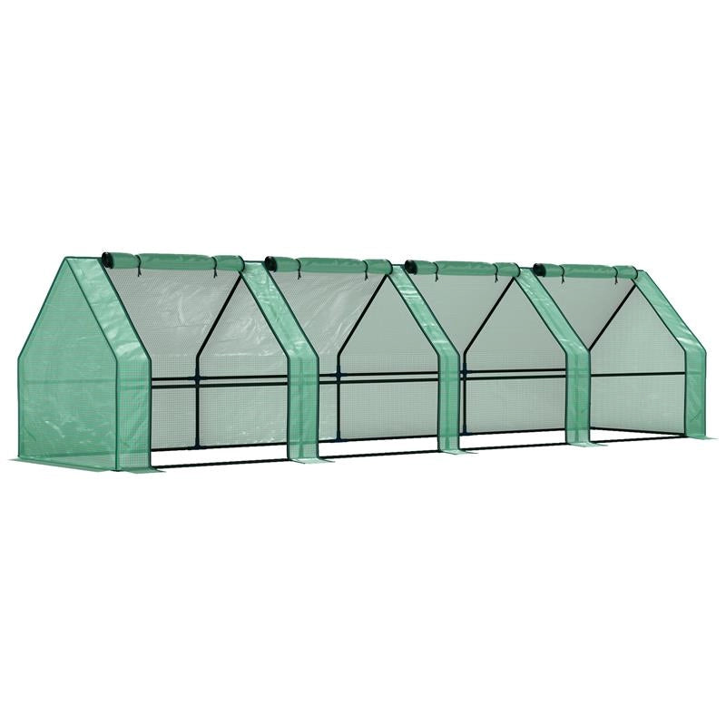 MINI SERRA DA GIARDINO A 4 PORTE ARROTOLABILI CON COPERTURA ALLUNGATA, IN ACCIAIO E PE, 360X90X90 CM, VERDE