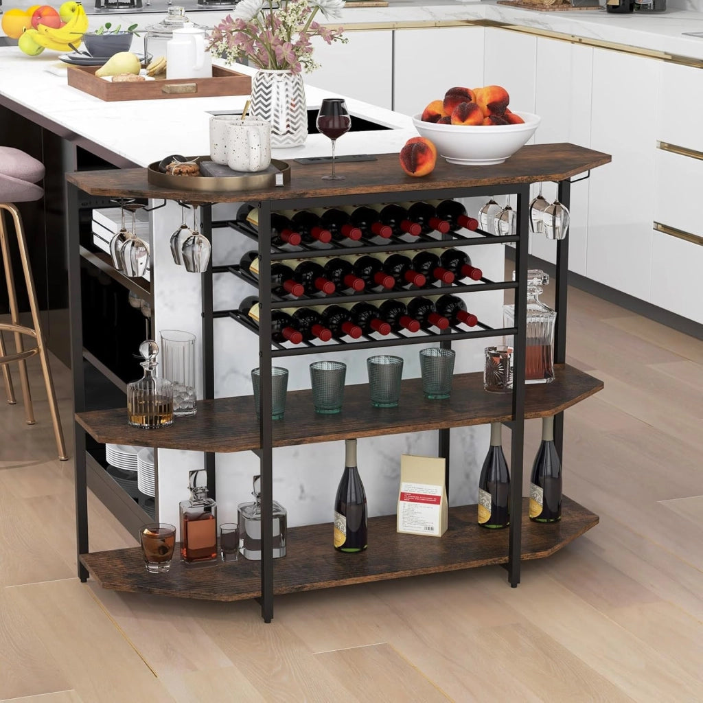 Credenza con portabottiglie per 21 bottiglie, tavolino da cucina sottile con 2 porte USB e 2 prese, portabottiglie a 3 livelli con supporto in vetro, tavolo industriale per vino, 120 x 40 x 92