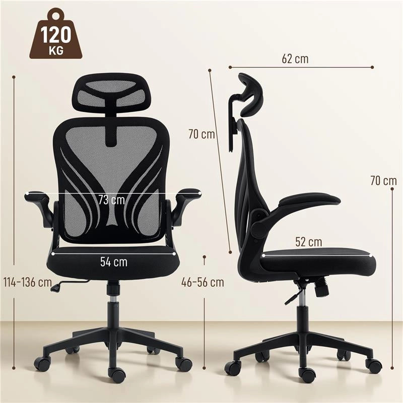 SEDIA DA UFFICIO ERGONOMICA CON BRACCIOLI RIBALTABILI, SUPPORTO LOMBARE E POGGIATESTA REGOLABILE, NERO