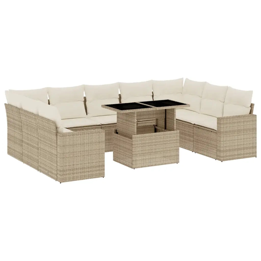 Set Divano da Giardino 10 pz con Cuscini Beige in Polyrattan