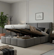 Letto matrimoniale con contenitore e testiera a orecchie 140x190 cm in velluto grigio