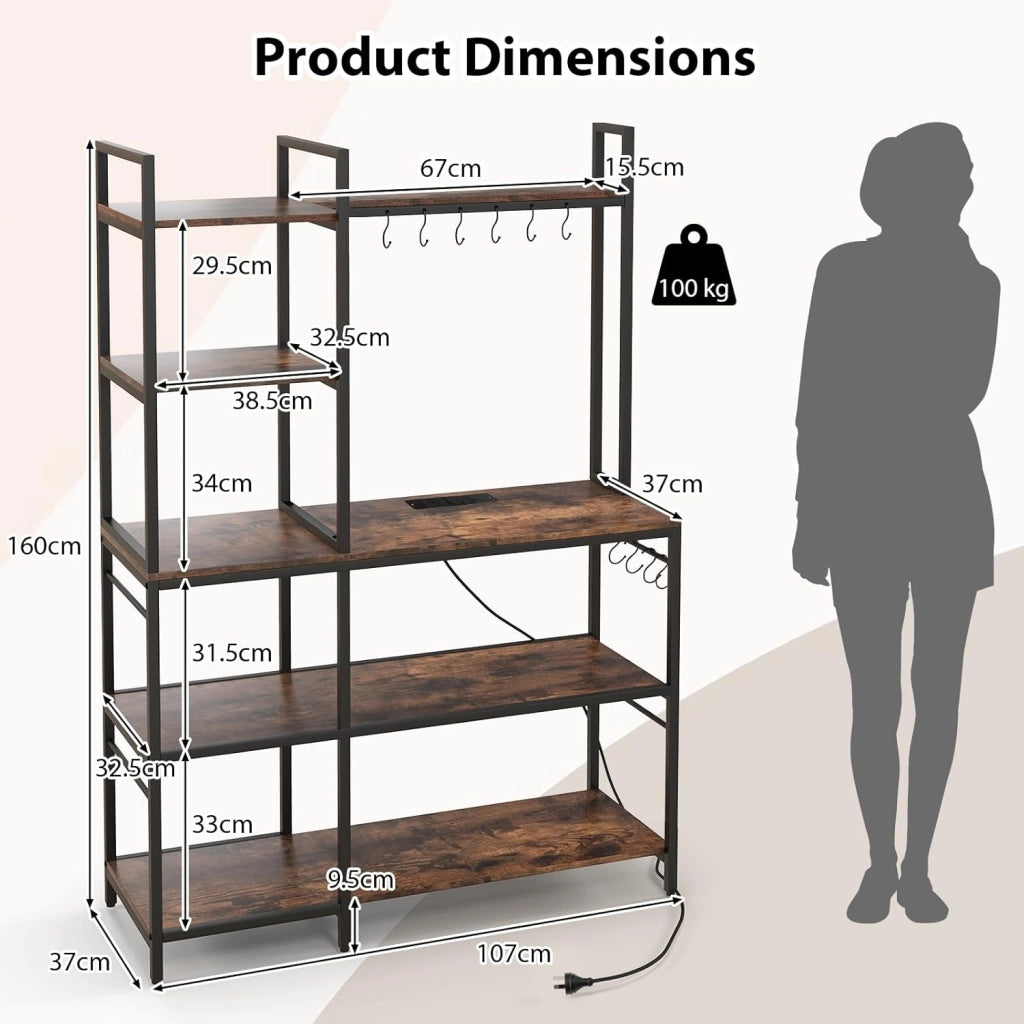 GIANTEX Scaffale da cucina a 5 livelli, supporto a microonde con 2 prese, 10 ganci a S, telaio in metallo, gambe regolabili, dispositivo antiribaltamento, bar da caffè, scaffale per cucina