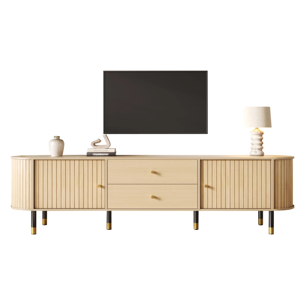 Mobile TV Lowboard 180x40x58 cm in effetto legno naturale, con 2 cassetti, 2 ante scorrevoli, gestione cavi e struttura robusta