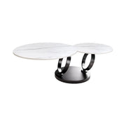 Tavolino basso SOLYNE 133 cm bianco effetto marmo con ripiani rotanti e struttura nera opaca