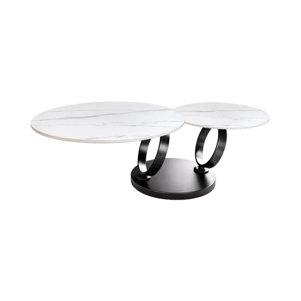 Tavolino basso SOLYNE 133 cm bianco effetto marmo con ripiani rotanti e struttura nera opaca