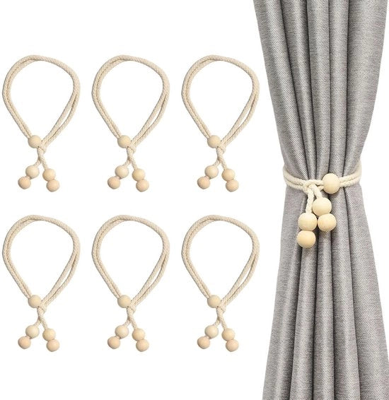 Porta tende in stile boho - Regolabile - Corda di cotone - Decorazione mano a maglia - Chiusura a perla - Atmosfera naturale - Corda per tende