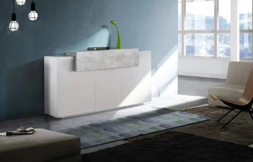 Credenza moderna CORO con 3 ante a battente e 1 anta a ribalta in bianco lucido e cemento