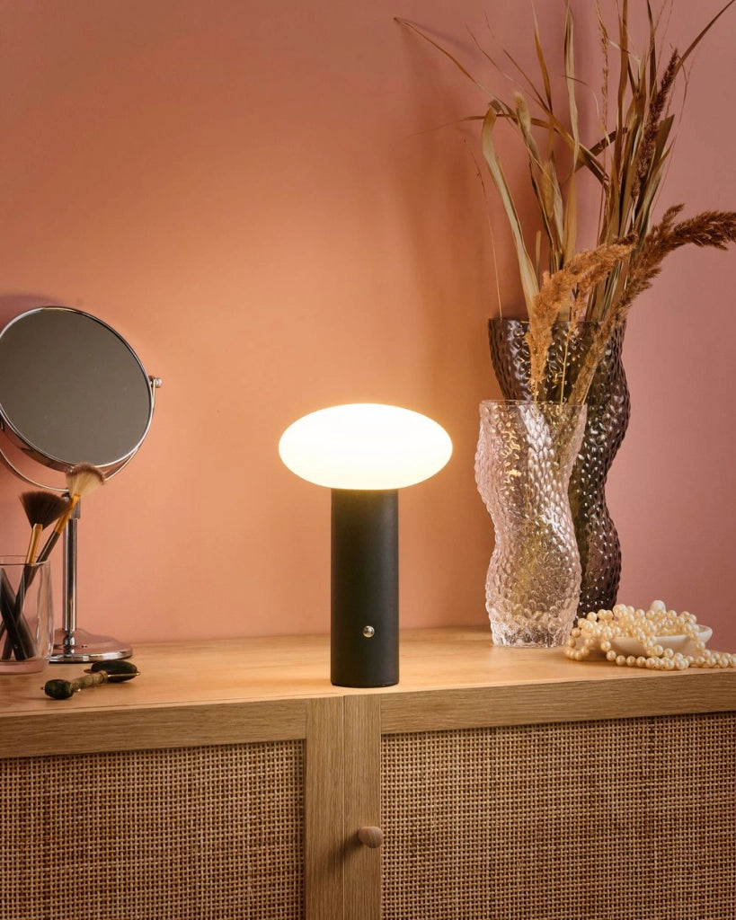 Lampada da tavolo in ferro con luce LED senza fili fungo nero stile moderno