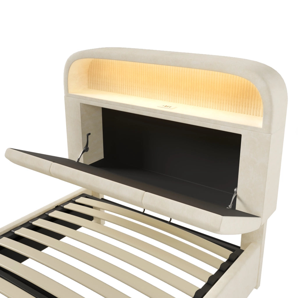 Letto singolo 90x200 cm con contenitore; testiera regolabile; LED e porta USB C; velluto beige