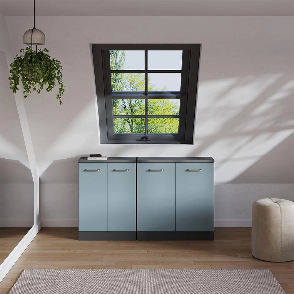 Set di mobili sottotetto Rion, Grigio-blu, 140 cm Set di 2 carcasse armadio profondità 60 cm, adatto per il salvaspazio sotto tetti spioventi
