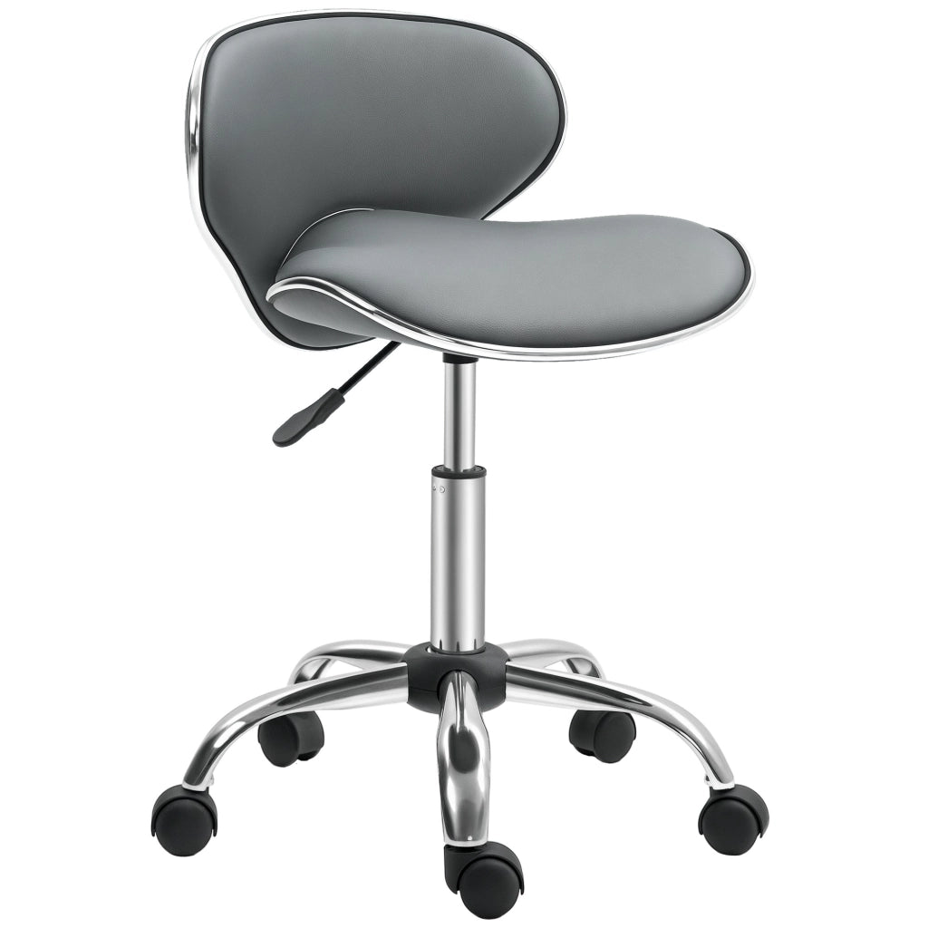 Sgabello da Lavoro con Ruote e Schienale Regolabile in Altezza 44-56 cm Girevole 360° Grigio