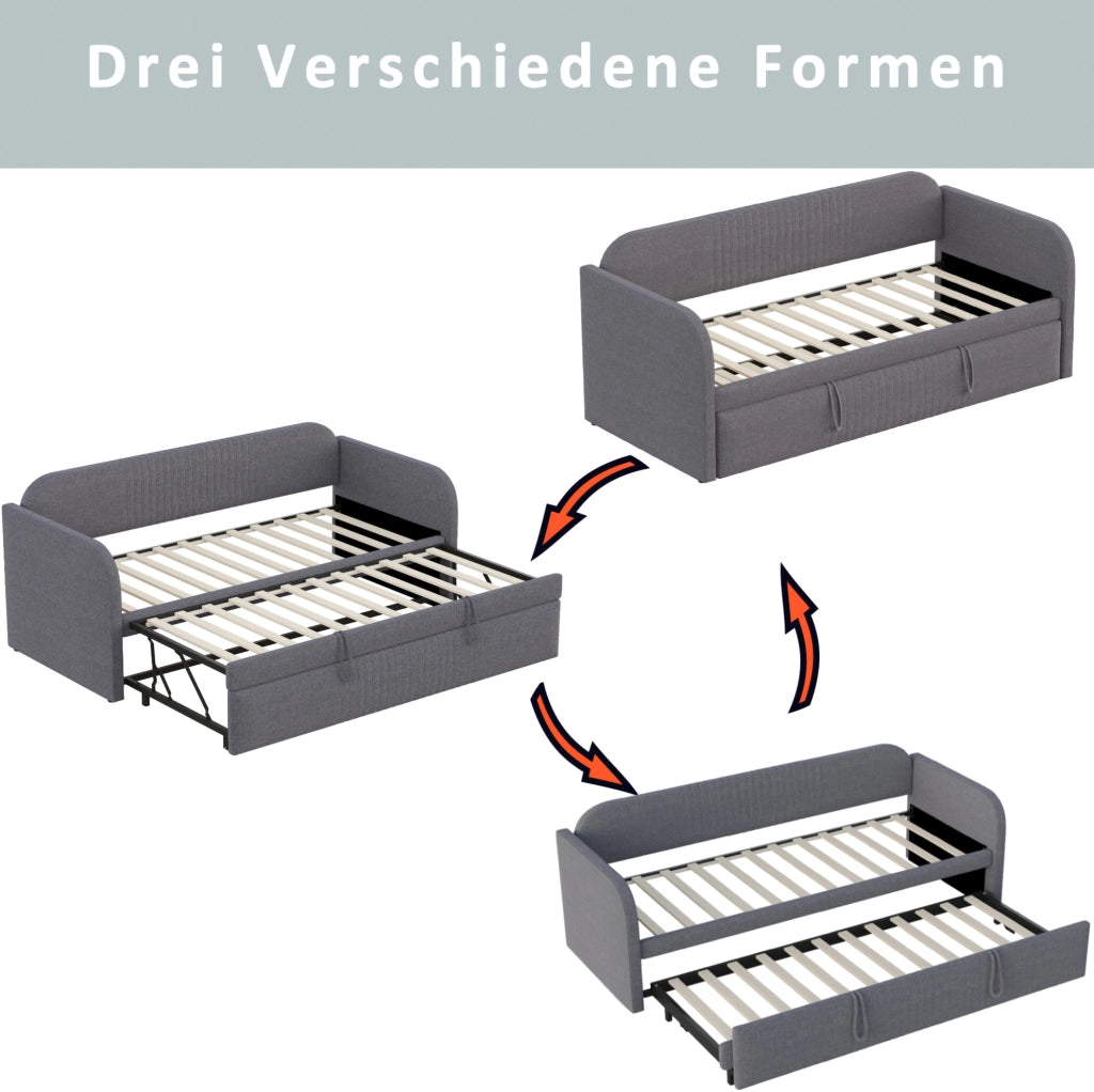 Divano letto estraibile imbottito 90/180x190 cm con rete a doghe in lino; grigio