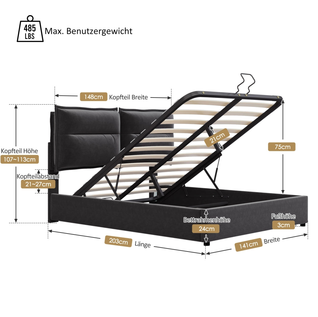 Letto imbottito 140x200 cm con contenitore e testiera regolabile; nero