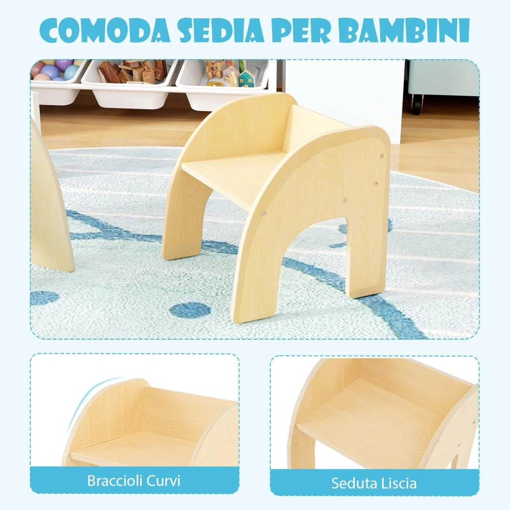 Set Tavolo e Sedie per Bambini 3+ Anni, Tavolino Legno con Sedie per Cameretta con Bordo Curvato e Ampio Piano, Mobile Salvaspazio per Camera da Letto, Soggiorno e Asilo (Naturale)