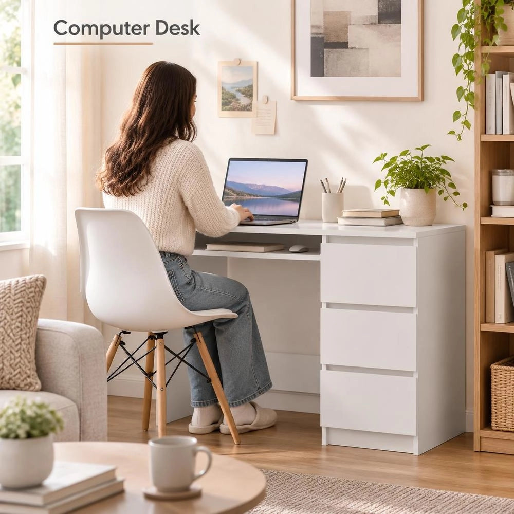 White Engineered Wood Desk With Drawer, 90x45x76 Cm Computer Table, Sturdy Minimalist Design, Space Saving Workstation For Home Office Study Room