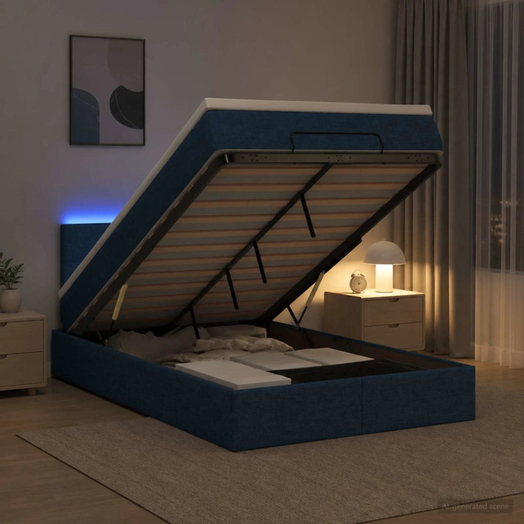 Letto Ottomano con Materasso e LED Blu 120 x 190 cm Tessuto 3456897