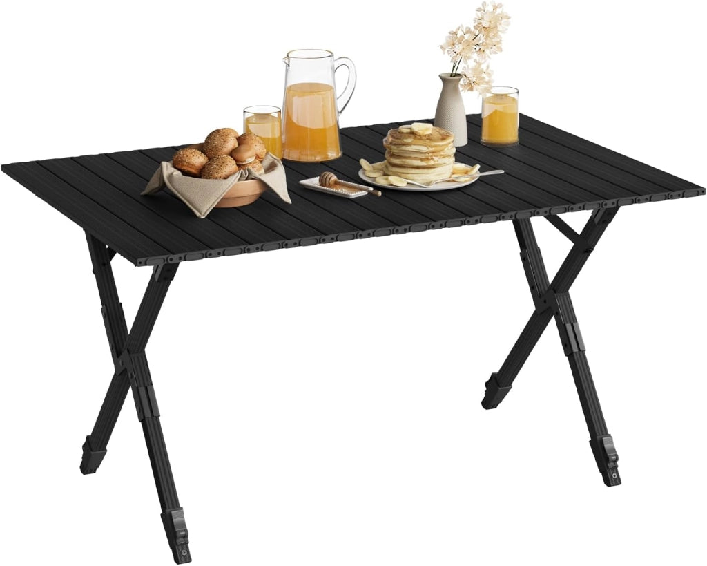 Tavolo da Campeggio Pieghevole Leggero, Tavolo da Esterno Portatile, Altezza Regolabile, Tavolo da Giardino con Piano Arrotolabile in Alluminio, Borsa Portaoggetti, Carico 50kg, Rovere Chiaro