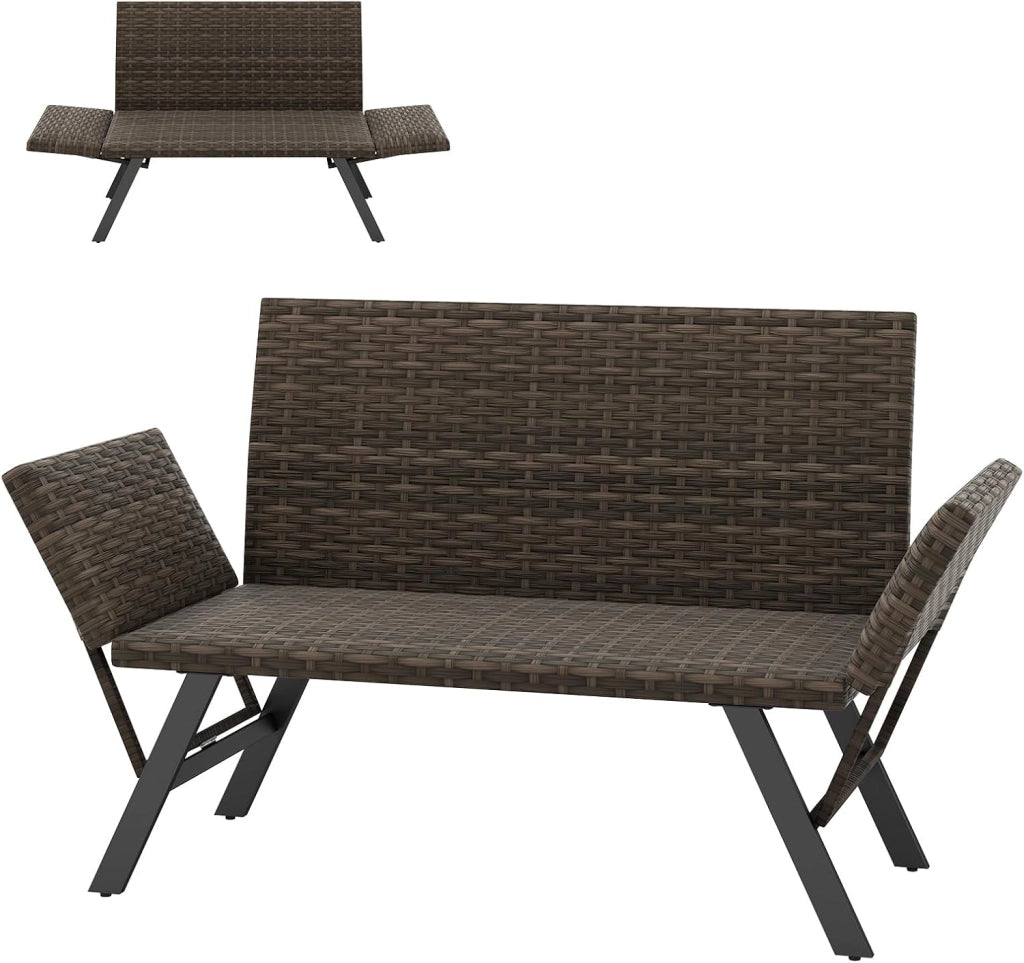 Divano da giardino in rattan a 2 posti, panca convertibile da esterno con braccioli regolabili, design intrecciato, lunghezza 163-178 cm, carico 300 kg, lettino da giardino per terrazza