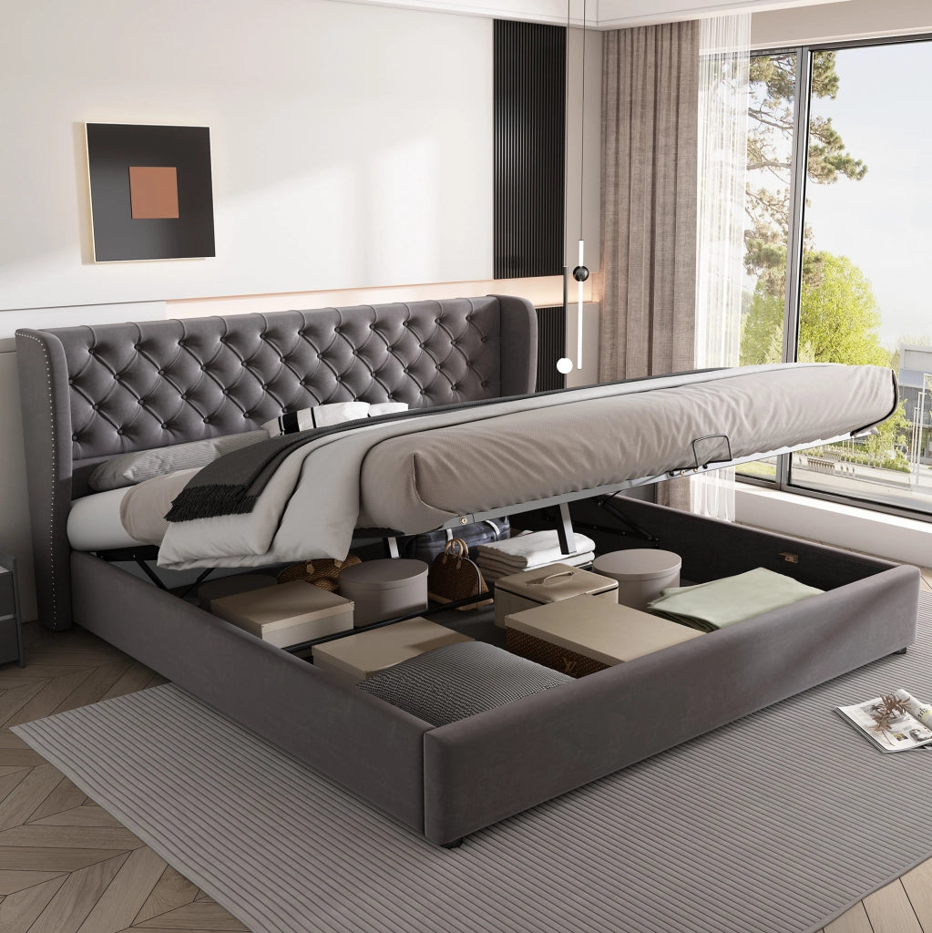 Letto imbottito contenitore 160x200 in velluto grigio; testiera alta 99 cm