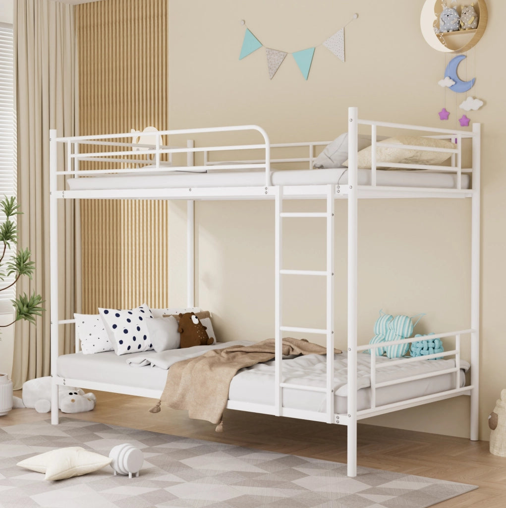 Letto a castello in acciaio 90x190 cm con scala e sponda anticaduta, bianco