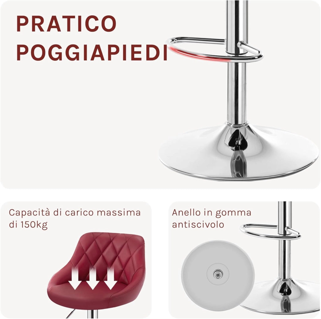 Sgabello da Bar Moderno Girevole Sedia Cucina Alta con Schienale Quadrato Poggiapiedi Senza Braccioli Altezza Regolabile in PU Bordeaux 1 Pezzo