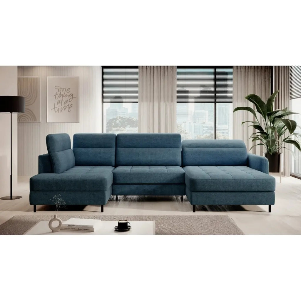 Canapé d'angle convertible BERTHO 306 cm bleu canard chenillé – Angle droit avec coffre