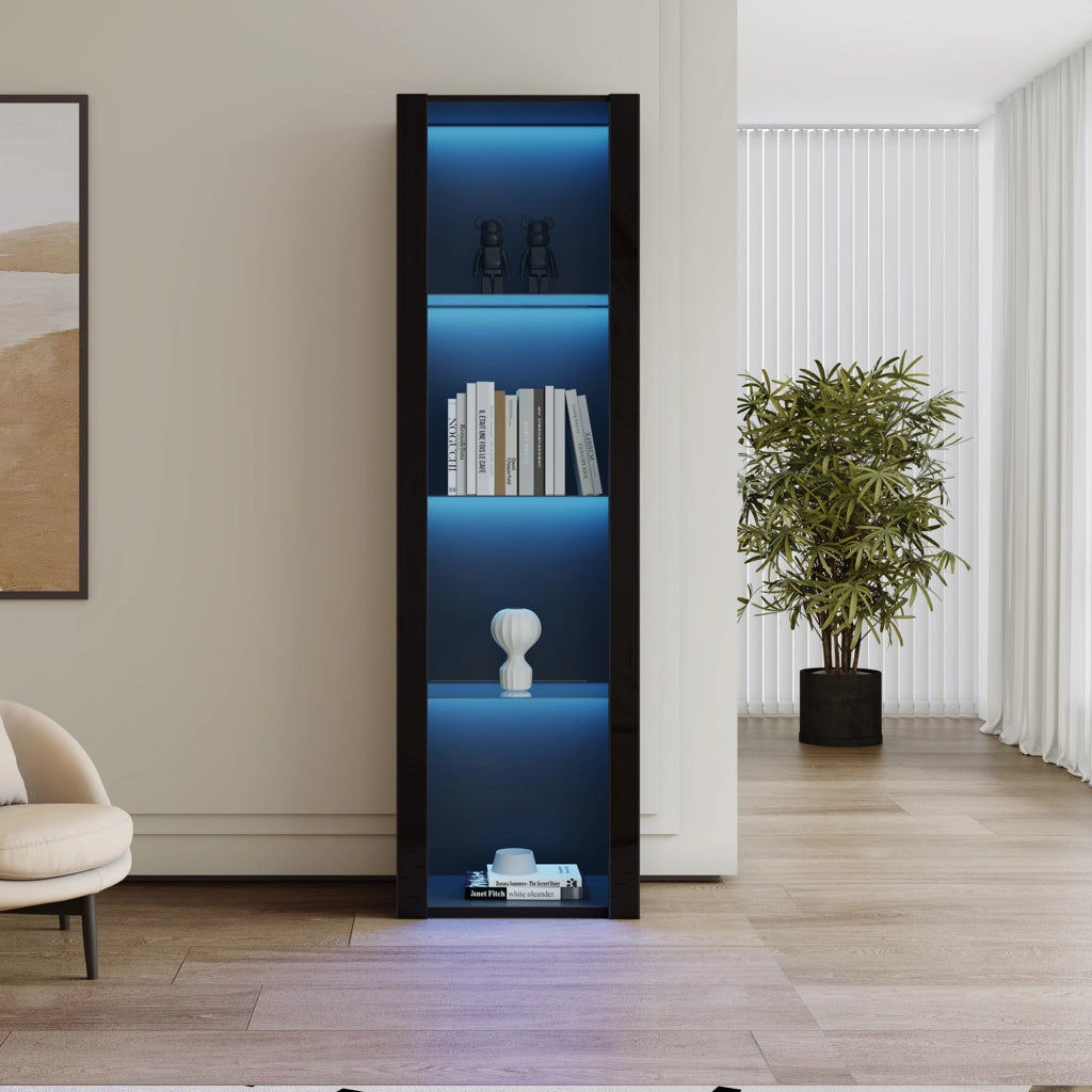 Armadietto vetrina a LED nero lucido - Zephmum- 3 ripiani in vetro, 55x38x166cm