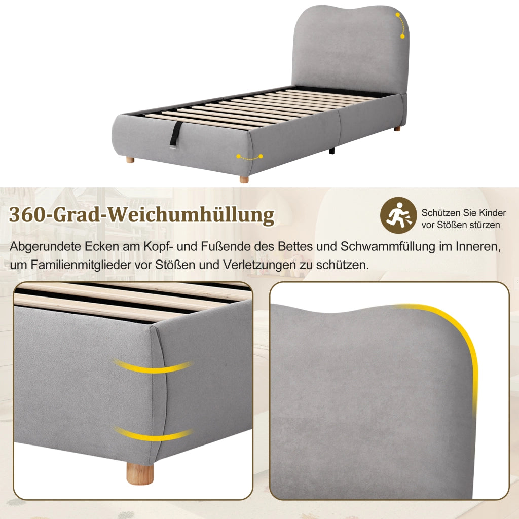 Letto per bambini singolo 90 × 200 cm con contenitore idraulico, testiera imbottita, senza materasso, grigio