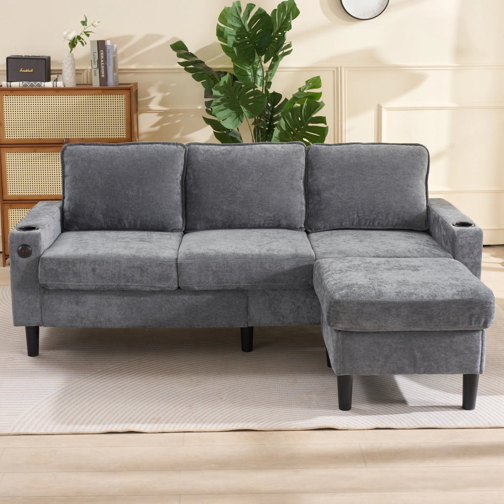 Divano 3 Posti in Lino Grigio a L con Pouf e Porte USB