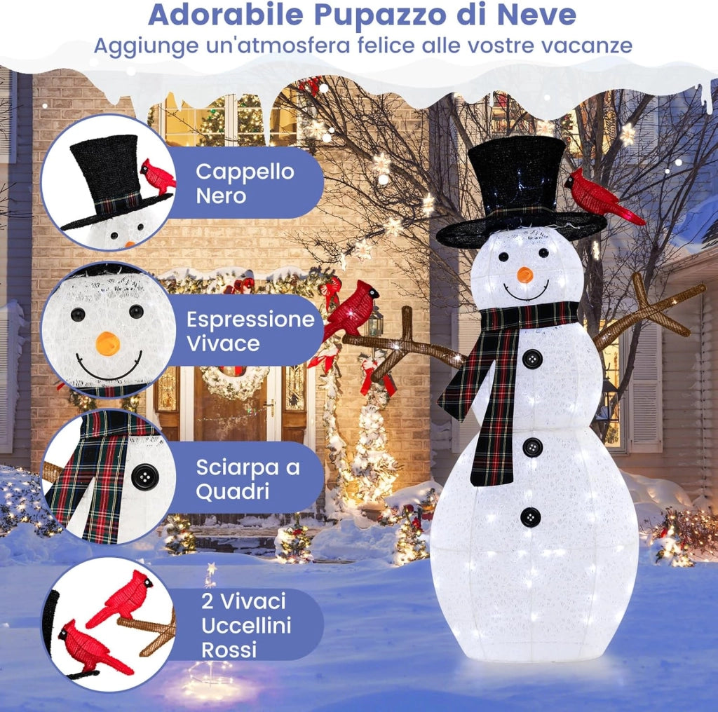 Pupazzo di Neve con luce a LED, Decorazione Natalizia con Luce Incorporata, Pupazzo di Neve e Uccello Rosso, per Giardino Cortile, 127 cm