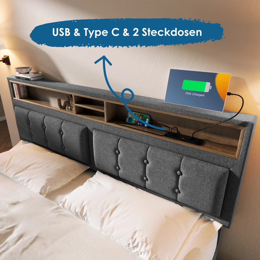 OKWISH Letto Contenitore 160×200 cm, Letto Matrimoniale con Prese, USB, Type-C e Testiera Regolabile, senza Materasso, in Lino - Grigio