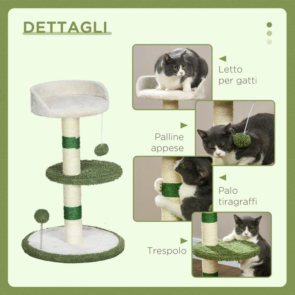 Albero Tiragraffi per Gatti con Lettino Piattaforma e Palo Sisal Verde e Bianco