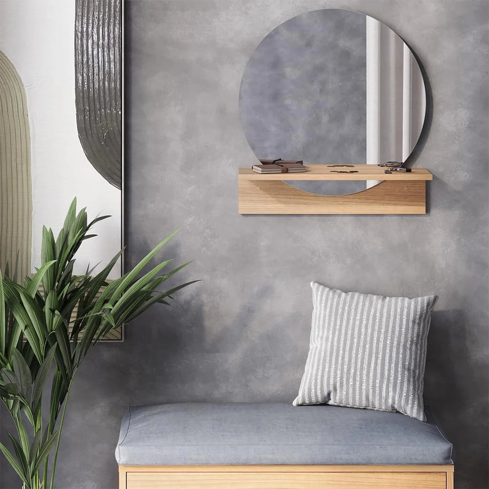 Specchio bagno Elyra, Quercia dorata, 50 x 54.5 cm con ripiano, adatto al montaggio a parete per l'uso quotidiano