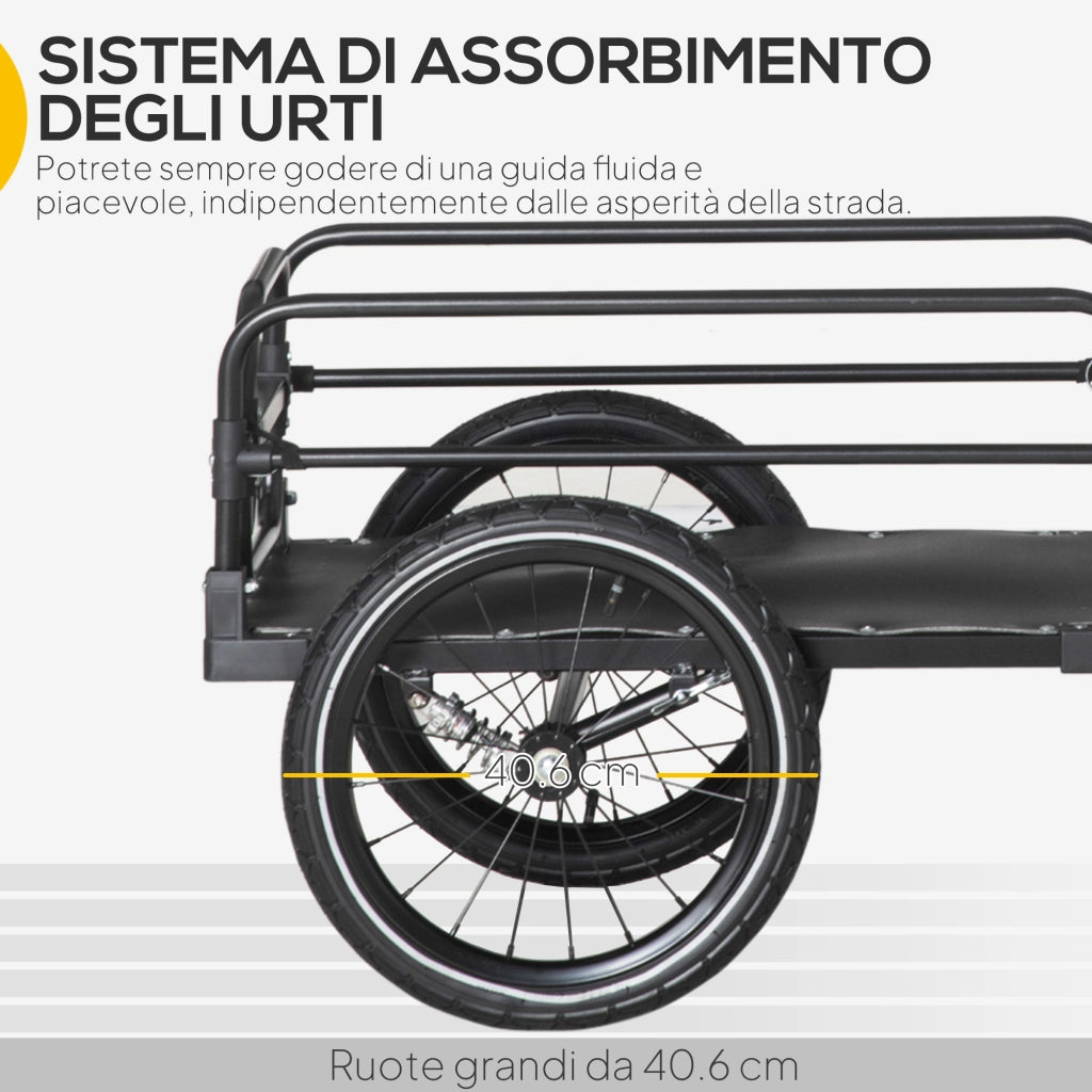 Carrello Bici da 70L con 2 Ruote da 16" 2 Catarifrangenti e Bandierina 125x64x53,5 cm in Acciaio e PE Nero