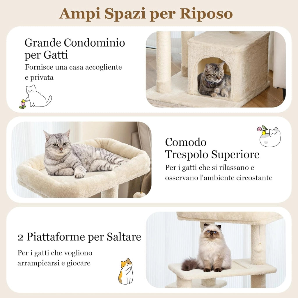 Albero per Gatti a 4 Piani, Torre con Tiragraffi, Nicchia per Gatti, Pallina di Peluche con Sonagli, Piattaforma per Saltare, Albero Tiragraffi per Animali Domestici (Beige)