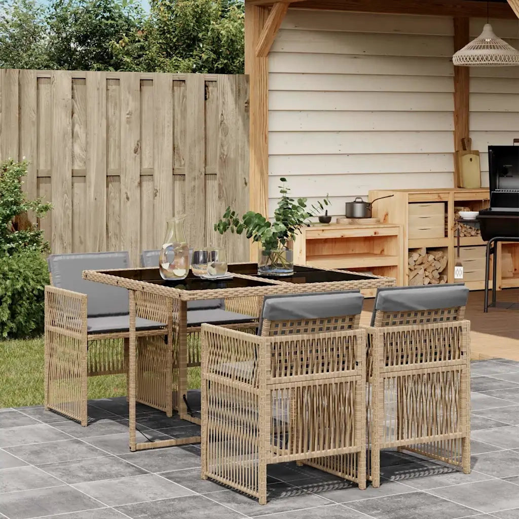 Set Pranzo da Giardino 5 pz | Set Salotto da Giardino con Cuscini Beige Misto Polyrattan