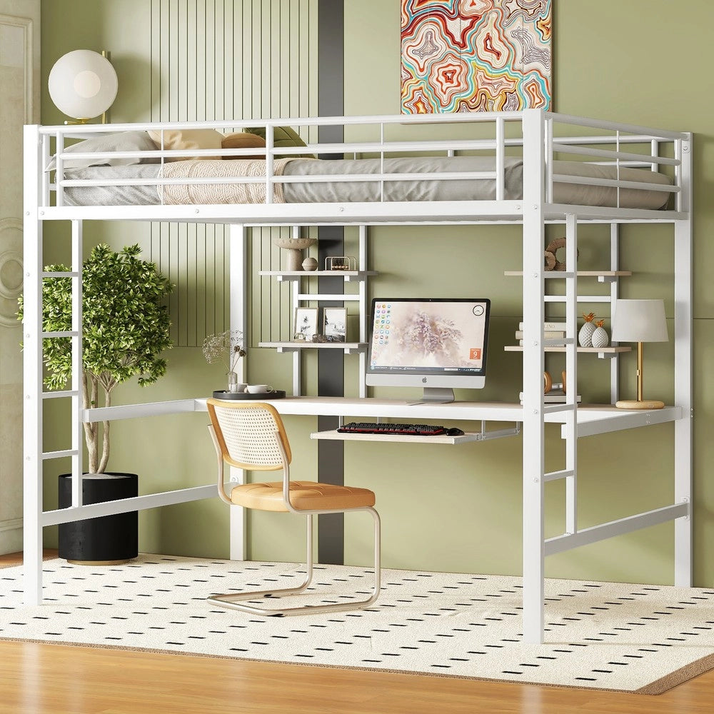 Letto a Soppalco con Scrivania e Librerie ¨C MINIMAL ¨C Metallo Bianco 140x200