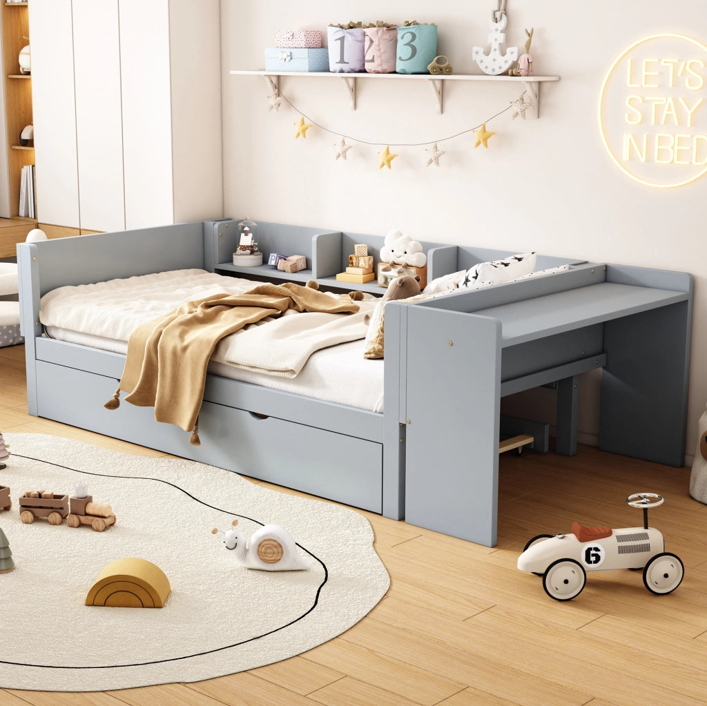 Letto per bambini 90x200 cm con letto estraibile; scrivania e ripiani laterali in legno e MDF grigio