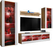 Set Di Mobili Porta TV Tivoli Medio, Komodee, Wotan/Bianco, LED RGB, Larghezza 245 cm x Altezza 159 cm x Profondità 35 cm, Per soggiorno, Camera da letto