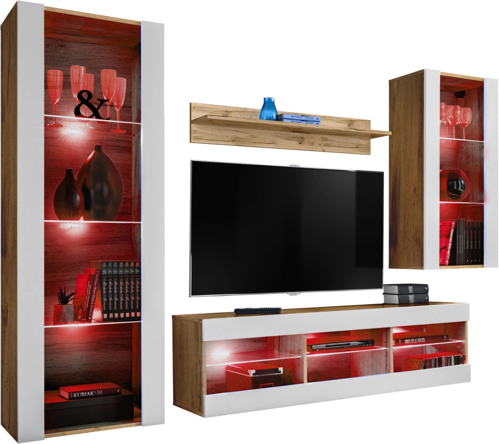 Set Di Mobili Porta TV Tivoli Medio, Komodee, Wotan/Bianco, LED RGB, Larghezza 245 cm x Altezza 159 cm x Profondità 35 cm, Per soggiorno, Camera da letto