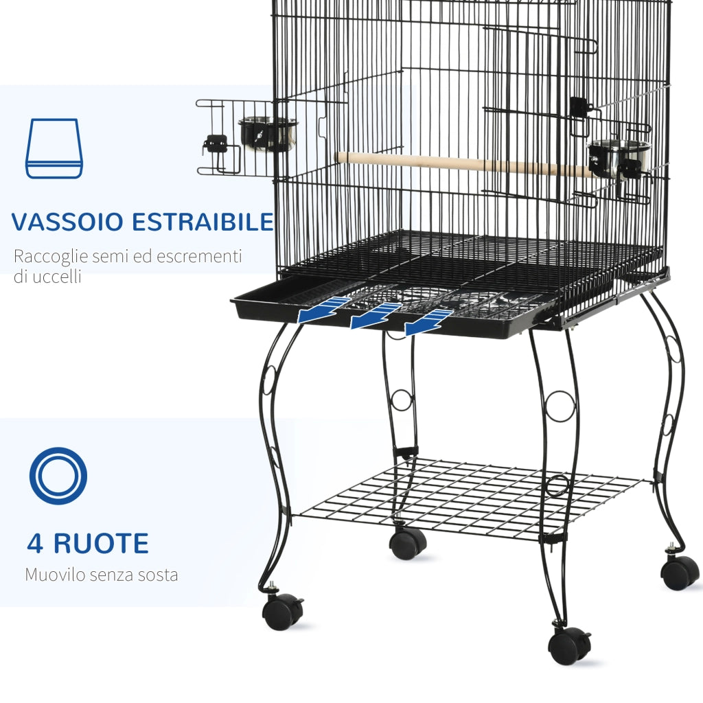 Gabbia per Uccelli da Interni in Legno con Vassoio, 4 Ruote e Trespolo, 50x49x137cm