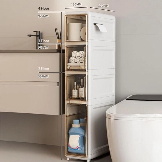 Armadio per bagno, 4 piani, unità di archiviazione verticale con cassetti trasparenti e ruote, 19 cm di larghezza, per camera da letto, soggiorno, bagno