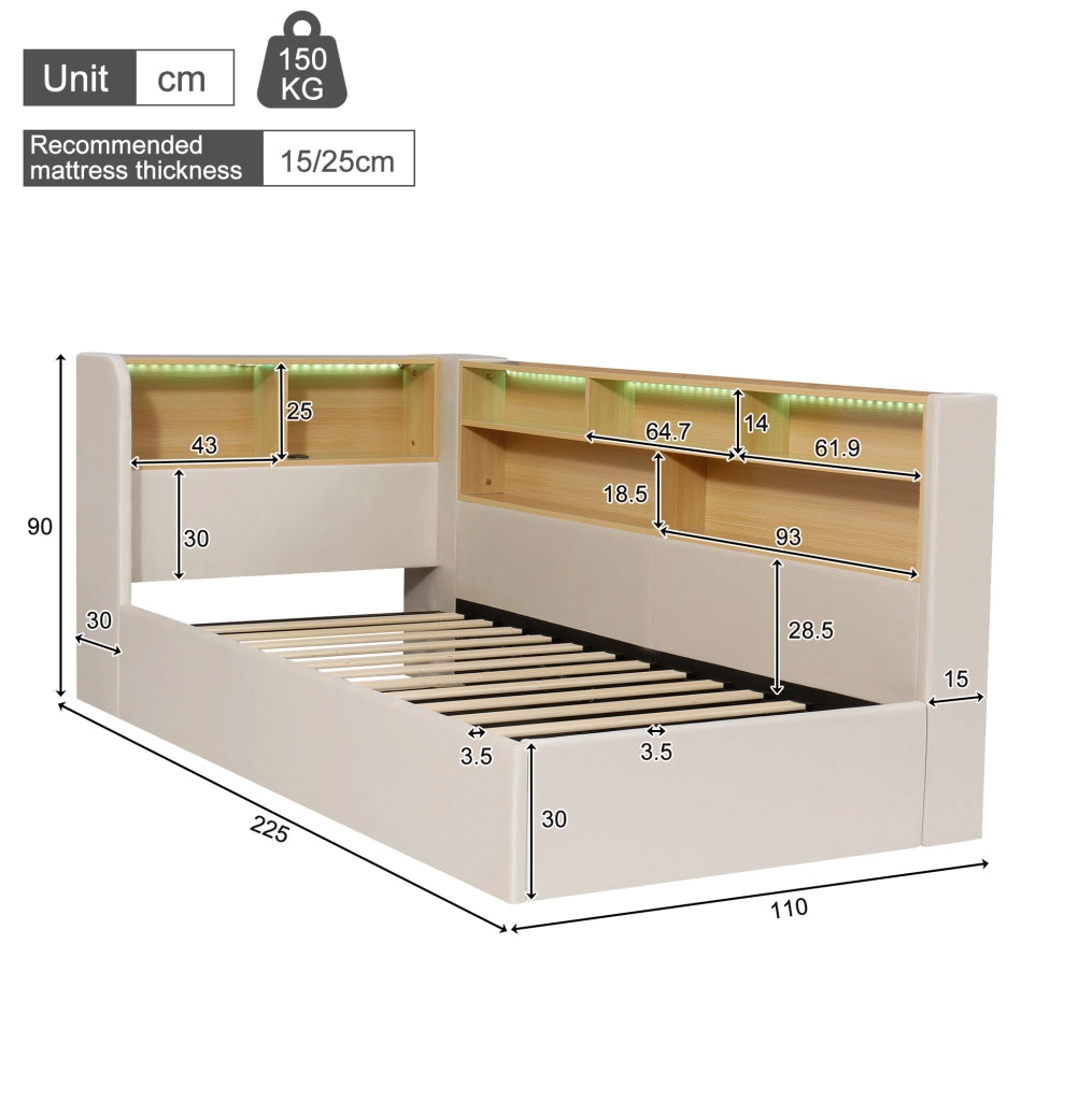 Tagesbett 90x200 cm con contenitore idraulico; LED; USB e USB-C; velluto beige