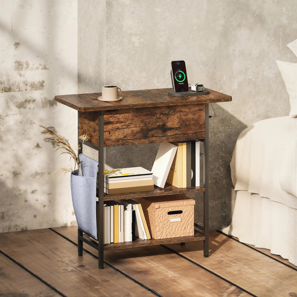 Tavolino da notte con cassetto e prese ¨C zephmum ¨C 60x29.8x58.5 cm rustico marrone